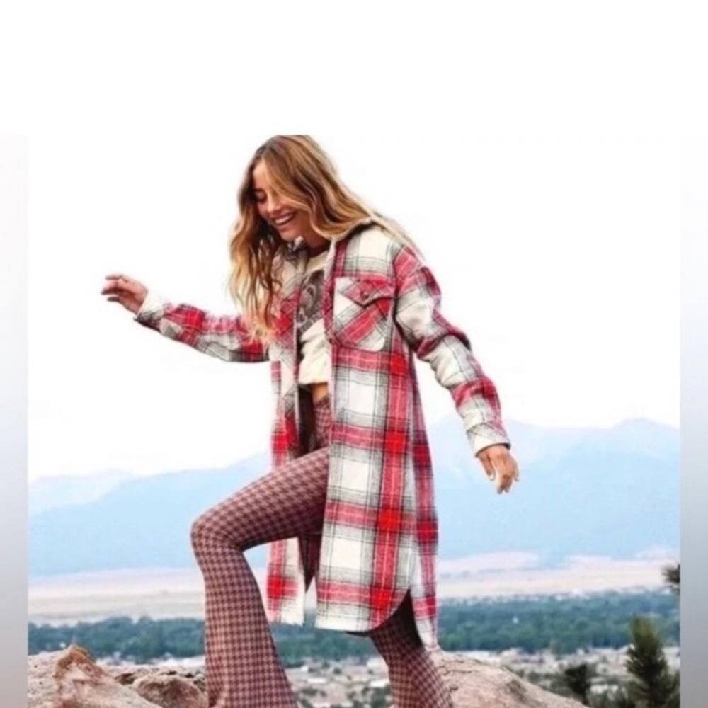 Aerie Red and White Plaid Long Jacket